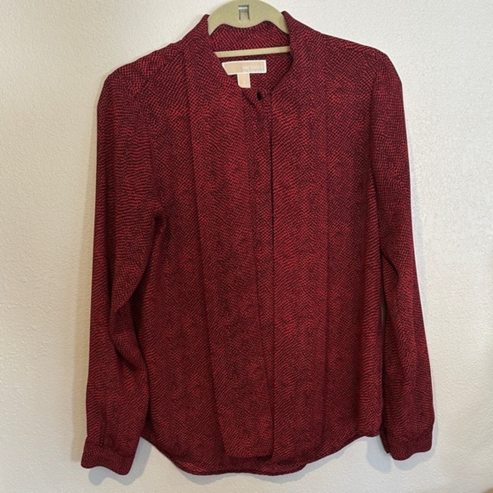 Michael Kors Red and Black Snakeskin Patterned Blouse with Bow Accent Size S